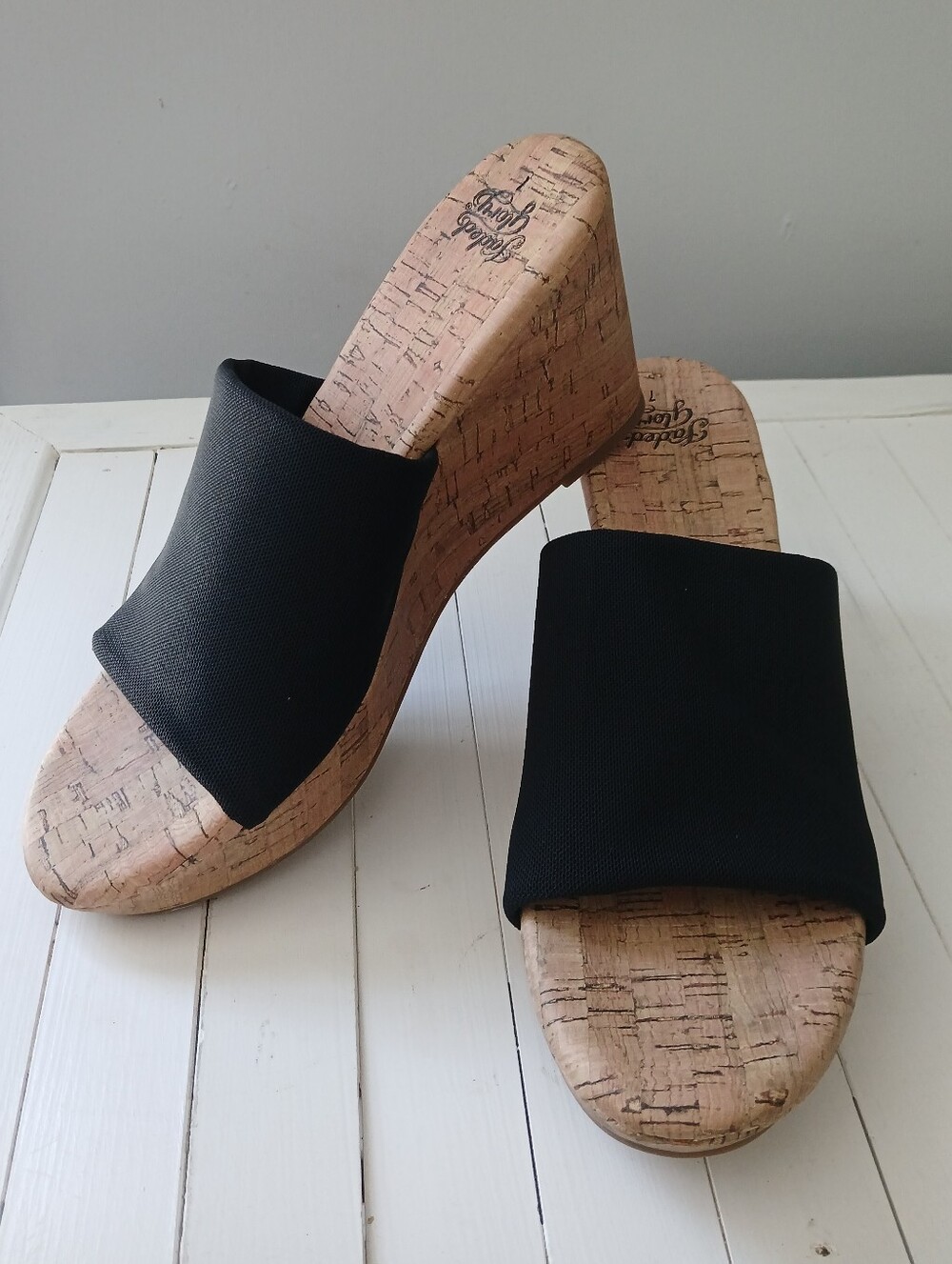 Faded Glory Size 7 Women's Wedge Sandles Jet Black Elastisized Uppers Slip On